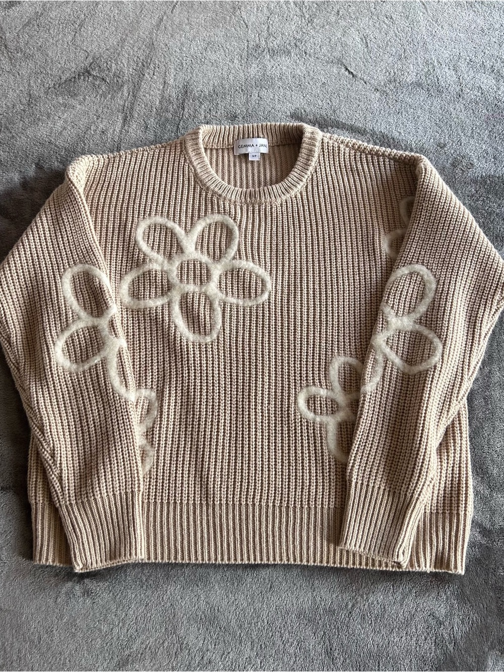Cream Floral Applique Ribbed Crewneck Sweater by Gemma + Jane